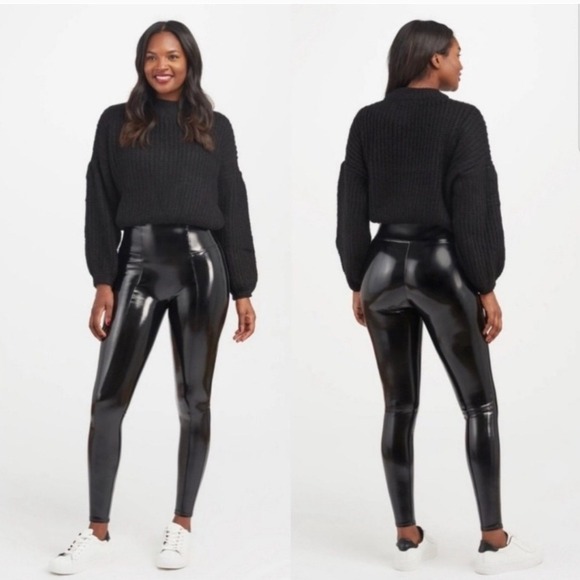 Spanx Faux Leather Leggings High Waisted Shaping Pants Leggings Black Size Large - Picture 1 of 11